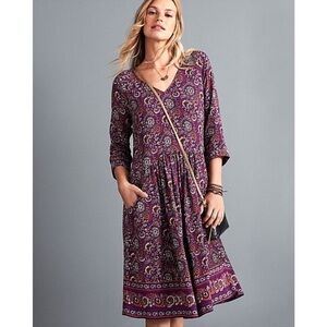 Garnet Hill Purple Floral Bohemian Dropped Waist Pocket Dress Size 6